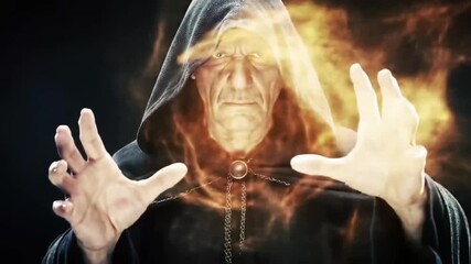 A cloaked, elderly figure levitates fire energy between his open hands against a deep, dark background, exuding an aura of mystical power