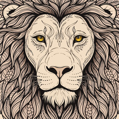 Symmetrical portrait of a majestic lion with an ornate patterned mane and golden eyes.