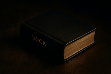 A closed black book with the word book embossed in gold lettering on its spine, resting on a dark, textured surface, evoking a sense of mystery and knowledge