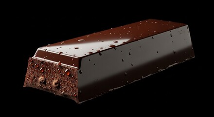 A single, dark chocolate bar with water droplets on its surface, presented against a stark black background, highlighting its rich texture and glossy finish