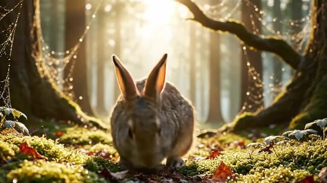 brown rabbits sitting together in a forest with warm golden sunlight shining through the trees.