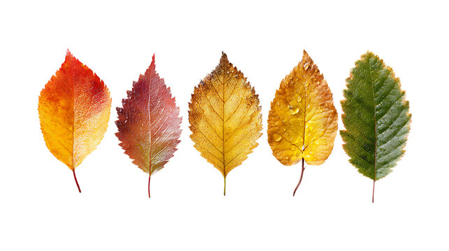 Vibrant autumn leaves arrayed in a row displaying fall colors transition transparent background