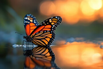 Fototapeta premium Monarch Butterfly Wings Reflecting Tropical Sunset