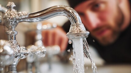 Man Drinking Water From Silver Faucet in Modern Kitchen