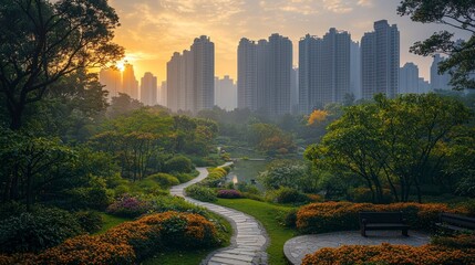 Obraz premium Serene park path winds through lush gardens towards a hazy city skyline at sunrise