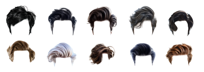 Collection of short stylish men hair wig, fashionable hairstyle isolate on transparency background