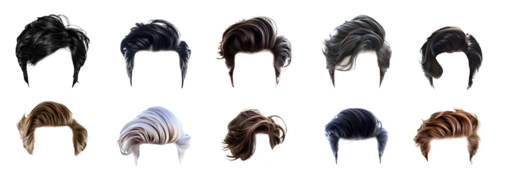 Collection of short stylish men hair wig, fashionable hairstyle isolate on transparency background
