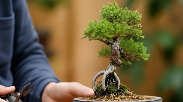 A bonsai tree being pruned by a person holding scissors, focused on detail and precision