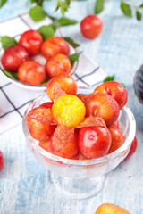 Fresh Red Guangdong Plums in Glass Bowl - Crisp Sour Chinese Fruit with Natural Pearl Shine