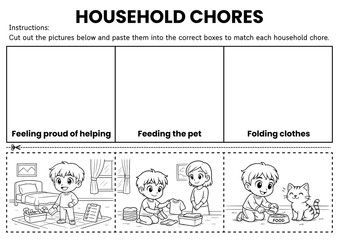 Fun household chores cut and paste activity! Kids match pictures with chores to learn daily routines and practice responsibility. Perfect printable sorting worksheets for kindergarten and grade 1.
