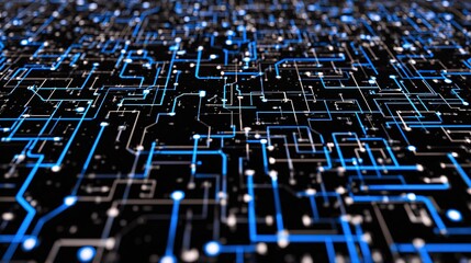 Fototapeta premium Blue circuit patterns on black background representing data streams and digital connections, softly blurred with lighting and shadows, tech abstract