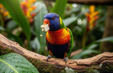  A colorful rainbow lorikeet is perched on a thick, mossy branch, holding a piece of white food in its beak. The bird is the focal point, with lush green foliage and vibrant orange flowers in the blur
