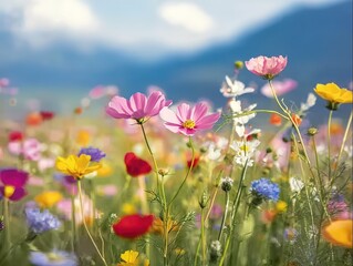 Fototapeta premium Vibrant field of wildflowers with colorful cosmos and daisies in full bloom under blue sky, distant mountains, soft focus natural lighting, springtime