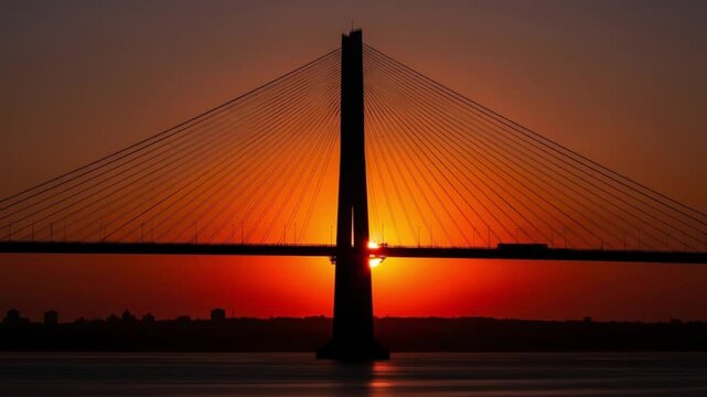 Arthur ravenel jr bridge silhouetted in a brilliant orange sunset sky is perfect for travel, transportation, cityscape, or sunsetthemed projects.