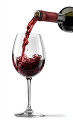A red wine bottle pours a stream of rich liquid into a crystal wine glass, showcasing the vibrant hue and dynamic motion.
