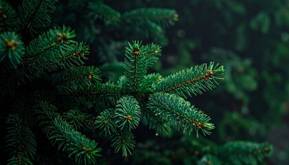 Beautiful Christmas Background with green fir tree brunch close up. Copy space, trendy moody dark toned design for seasonal quotes. Vintage December wallpaper. 