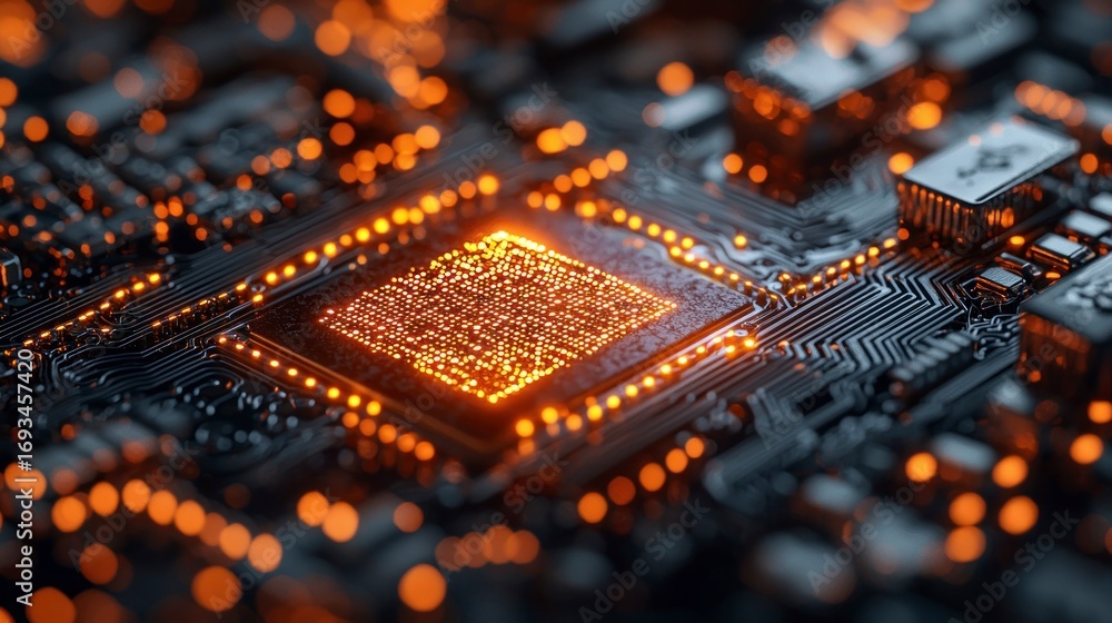 Poster glowing central processing unit on circuit board