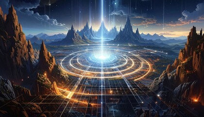A breathtaking, futuristic cityscape encircled by majestic mountains, illuminated by vibrant light streaks and celestial events.