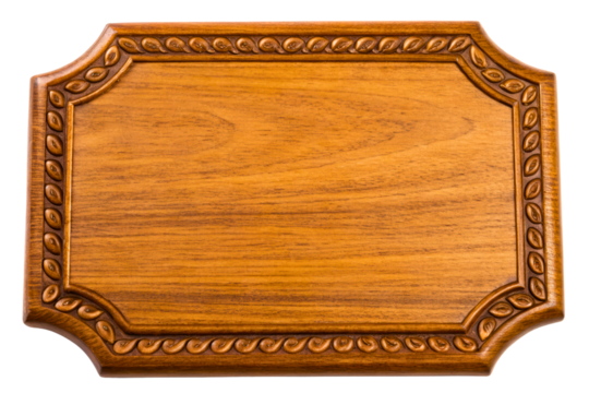 Ornate wooden plaque with a carved leaf border and blank center isolated with transparent background
