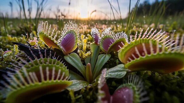 Close-up of glistening Venus flytraps against a soft sunrise sky and lush green ground