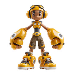 A detailed view of a yellow and brown action figure with large hands against a black background studio shot