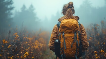 Fototapeta premium Solo hiker with backpack on foggy autumn trail