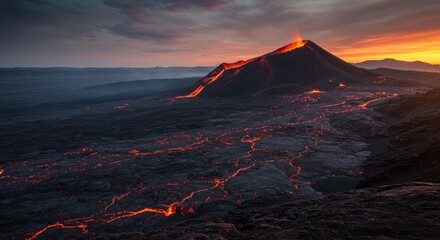 Active Volcano Erupting Molten Lava Flowing Downhill at Sunset