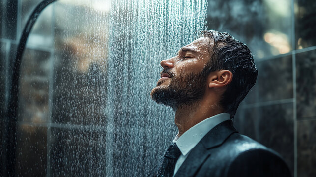 Businessman in Suit Enjoying Shower Spray in Luxurious Bathroom Setting for Refreshment Image made using Generative AI