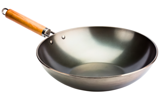 Carbon steel pan with a wooden handle for stir-frying isolated with transparent background
