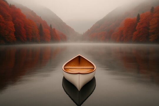 Lone Canoe on a Misty Autumn Lake Surrounded by Vibrant Red and Orange Foliage Creating a Serene and Tranquil Scene for Nature Lovers