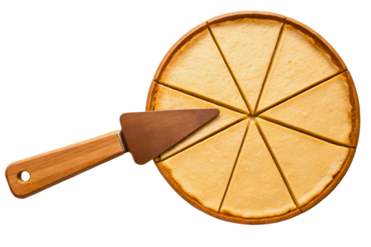 Classic cheesecake sliced on a wooden plate with a cake server isolated with transparent background