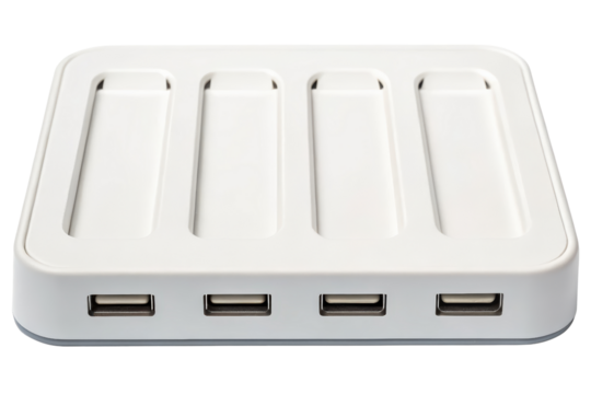 White four-port USB hub computer peripheral for data transfer isolated with transparent background