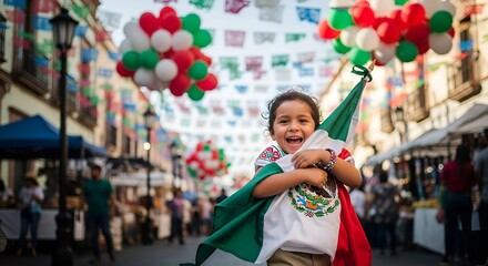 A young girl smiling and holding a mexican flag in a street celebration with balloons and decorations