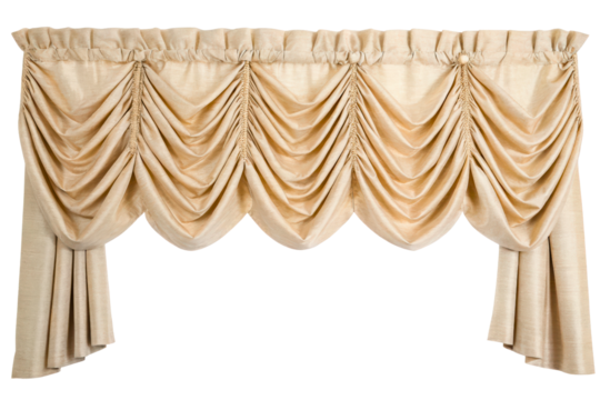 Elegant beige draped window valance with gathered swags isolated with transparent background
