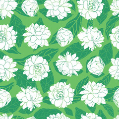 Vector white and green rows of Jasminum sambac or Arabian Jasmine flower monochrome seamless repeat pattern 01. Suitable for textile, wallpaper and gift wrap.