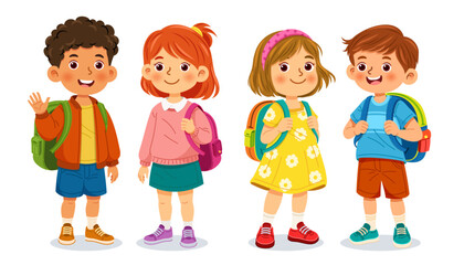 Colorful cartoon vector illustration of four cheerful school children standing together with backpacks