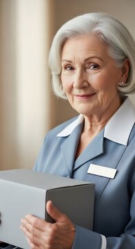 A senior woman in a light blue blazer holds a neutral gray box, conveying a sense of care and helpfulness.