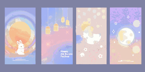 Set of four artistic watercolor illustrations celebrating the mid autumn festival with moon rabbits and lanterns