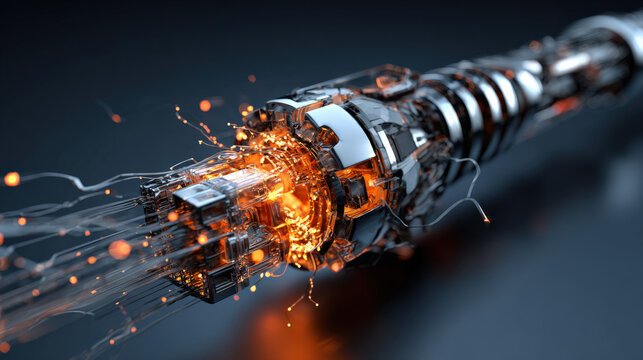 macro of RJ45 connector being inserted sparks of data flow visualization dark environment illustration concept scene visual for commercial design use high detail quality stock image illustration conce