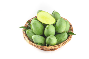 Fresh Raw Green Mangoes in Wicker Basket with Sliced Fruit Showing Ivory Flesh - Guangxi Tropical Produce