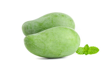 Fresh Raw Green Mangoes with Mint Leaves on White Background - Guangxi Tropical Fruit