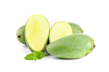 Fresh Raw Green Mangoes from Guangxi China Cut in Half Showing Ivory Flesh with Mint Garnish