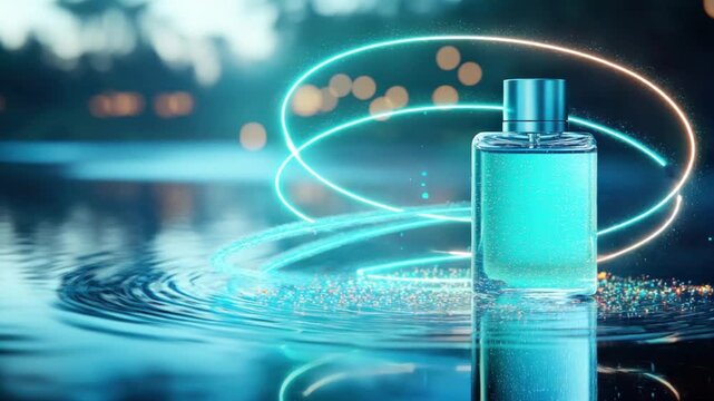 Luxurious Perfume Bottle with Glowing Neon Effects on Water