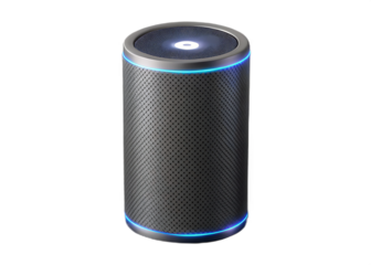 Cylindrical smart speaker with blue light accents isolated on a transparent background home device