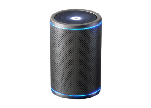 Cylindrical smart speaker with blue light accents isolated on a transparent background home device