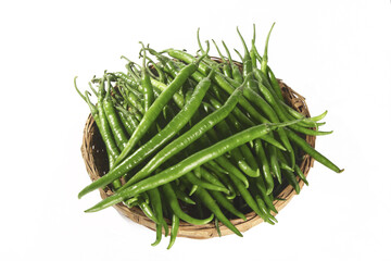 Fresh Green Chili Peppers in Wicker Basket on White Background
