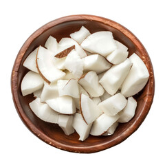 Sliced pieces of Coconut in bowl top view isolate on transparency background