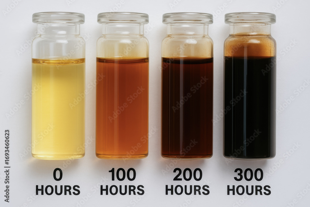 Poster aged oil samples in glass vial demonstrating analysis of viscosity and color change over industry re