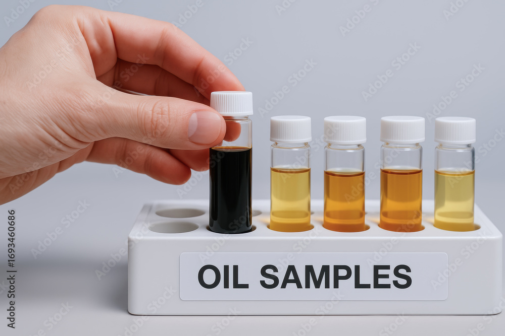 Poster crude oil analysis sample vial with technician comparing viscosity and color in laboratory for indus