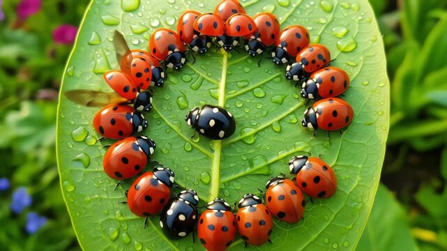 A vibrant community of ladybugs gathers in a perfect circle on a lush, dew-covered green leaf